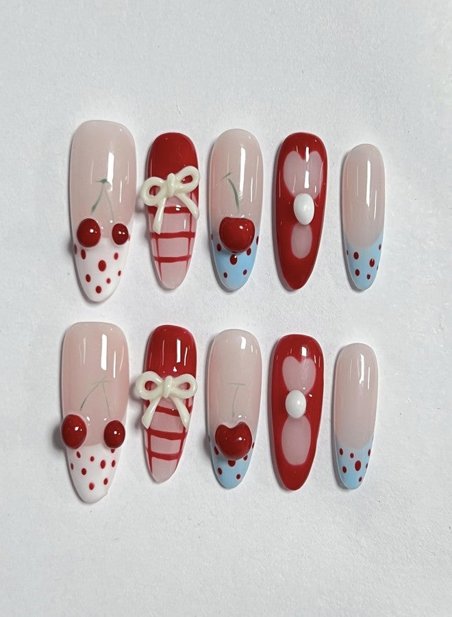 CTTHNBD Medium Press on Nails Almond - Handmade Fake Nails with 3D Bow Cherry Design - Red Full Cover Glue on False Nails for Women - (Size M) - Image 2